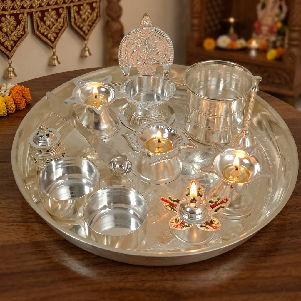 German Silver Pooja Set On Plate (12 Pcs)