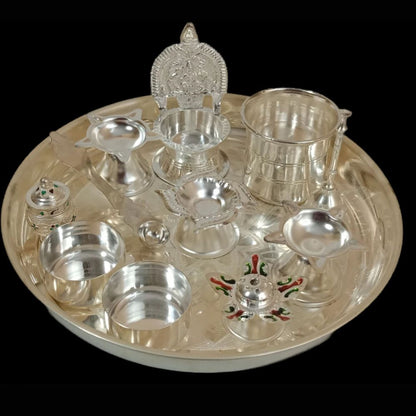German Silver Pooja Set On Plate (12 Pcs)