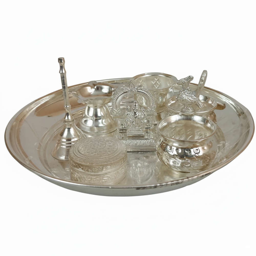 German Silver Pooja Set On Plate (7 Pcs)
