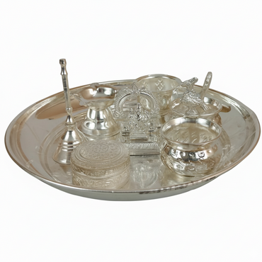 German Silver Pooja Set On Plate (7 Pcs)