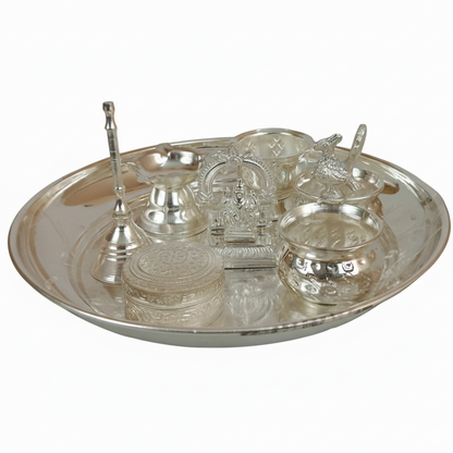 German Silver Pooja Set On Plate (7 Pcs)
