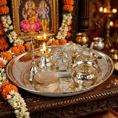 German Silver Pooja Set On Plate (7 Pcs)