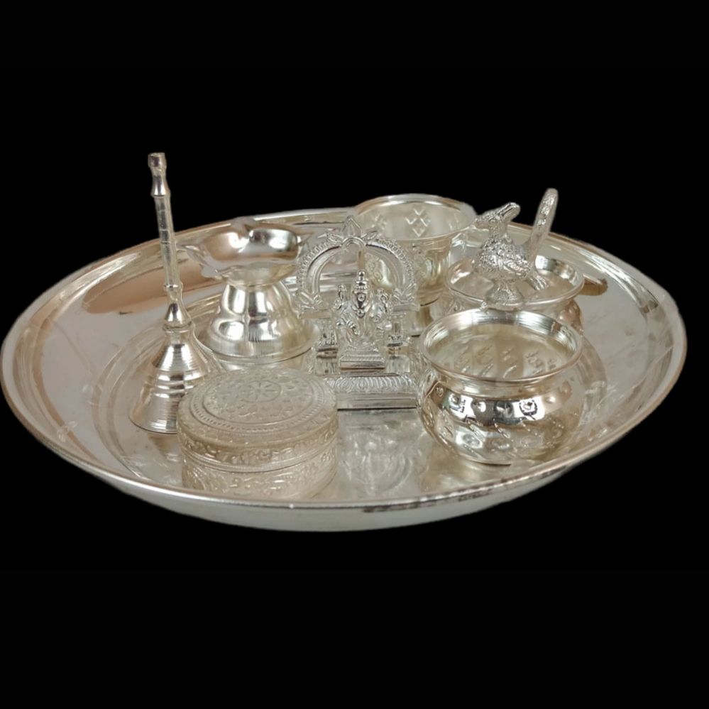 German Silver Pooja Set On Plate (7 Pcs)