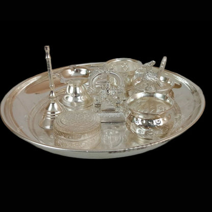 German Silver Pooja Set On Plate (7 Pcs)