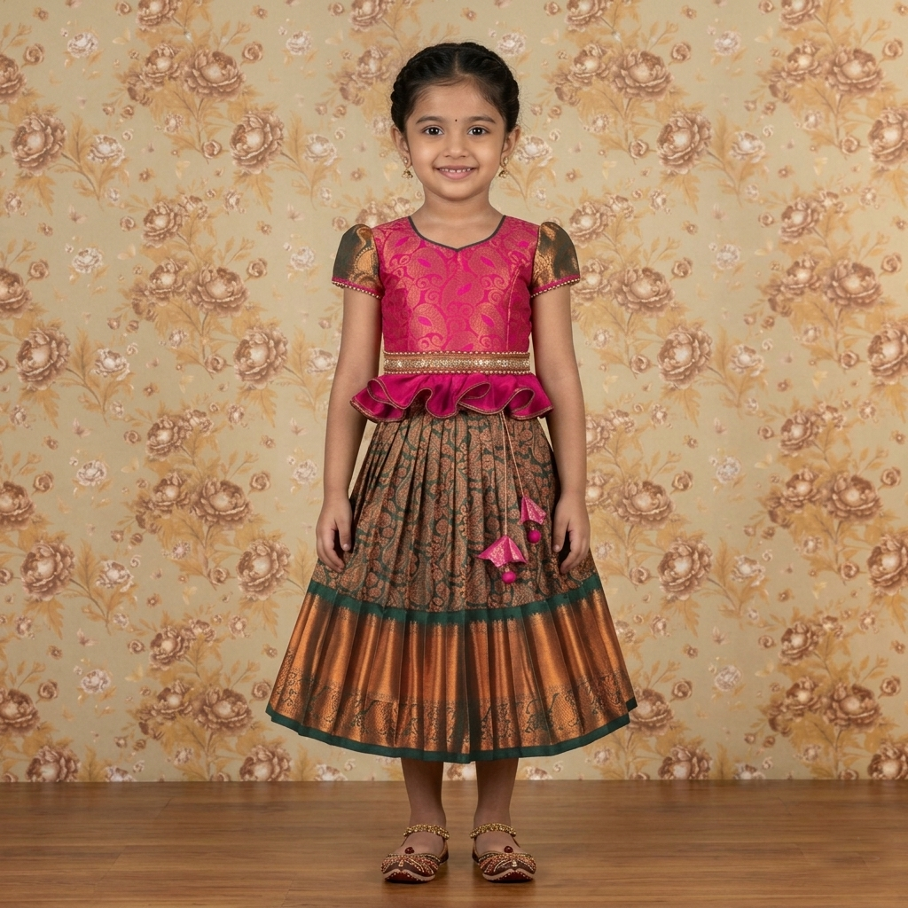 Varnatari's Bottle Green & Pink Pavadai Set