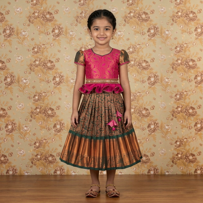 Varnatari's Bottle Green & Pink Pavadai Set
