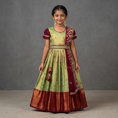 Varnatari's Pastel Green And Maroon Ethnic Anarkali Dress