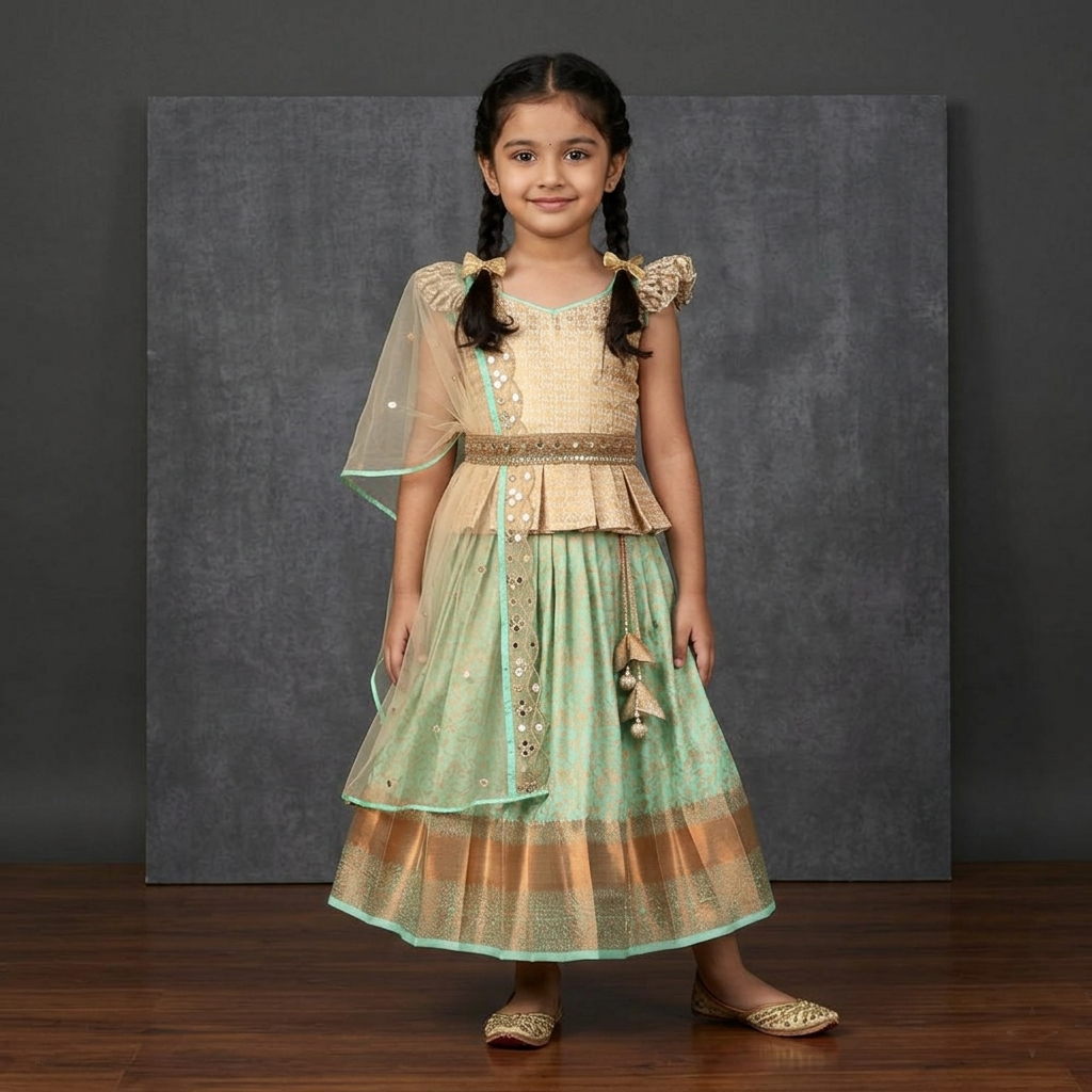 Varnatari's Pista Green & Cream Lehenga