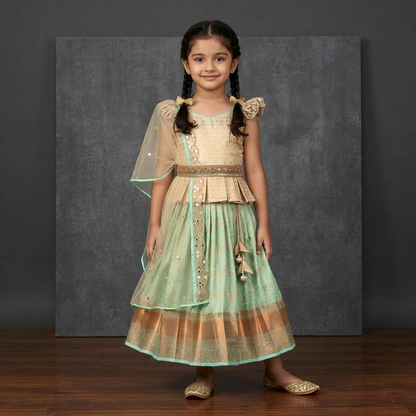 Varnatari's Pista Green & Cream Lehenga