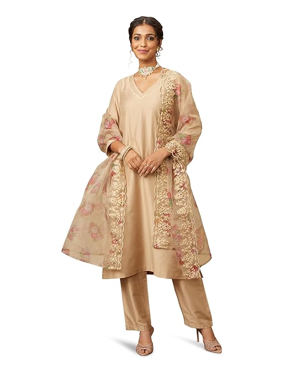 Myx Women's Kurta Pant Set with Embroidered Organza Dupatta gold