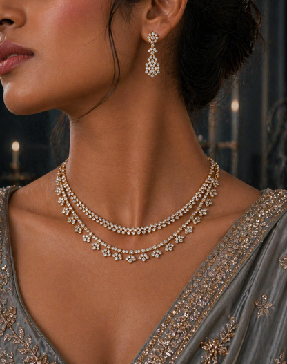 American Diamond 2 Layered Necklace with Earrings