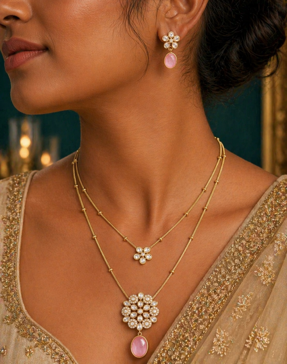 American Diamond Stones Necklace - Matte Finish Pink