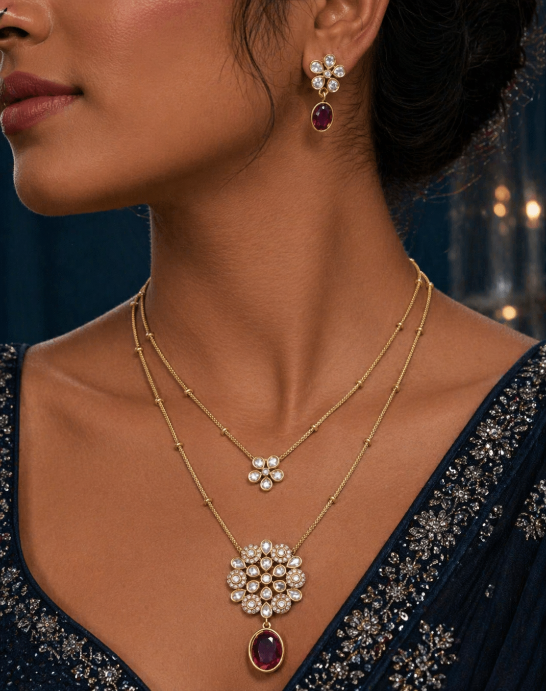 American Diamond Stones Necklace - Matte Finish Red