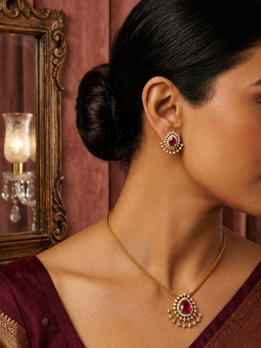 Attigai Type Necklace with American Diamond Stone and Matching Earring Set ( Red)