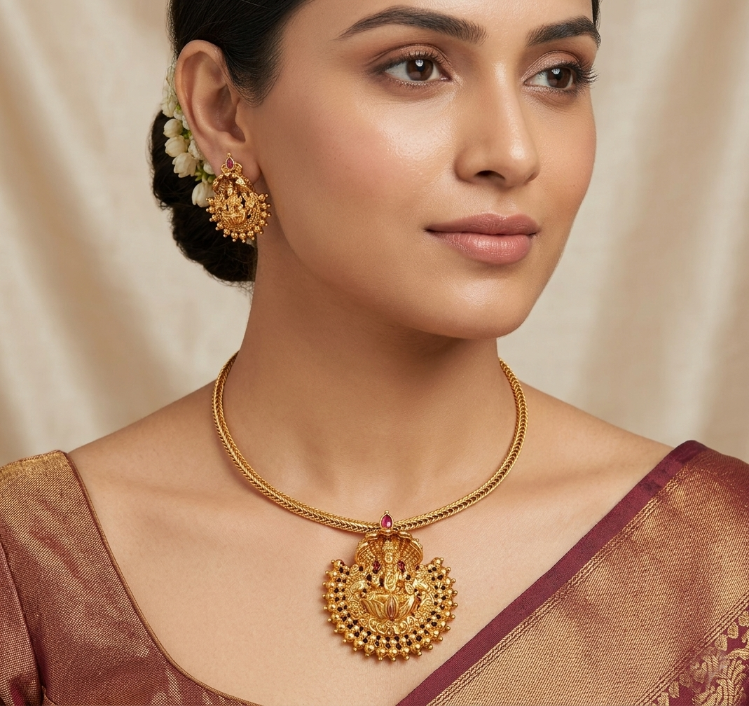 Attigai Type Necklace with Matching Earring Set - Lakshmi ( Brass Base)
