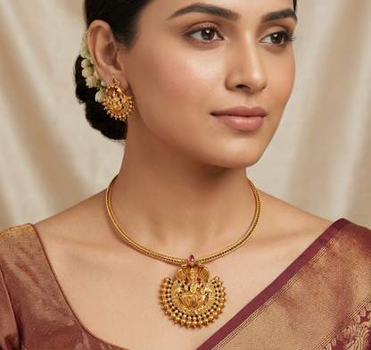 Attigai Type Necklace with Matching Earring Set - Lakshmi ( Brass Base)