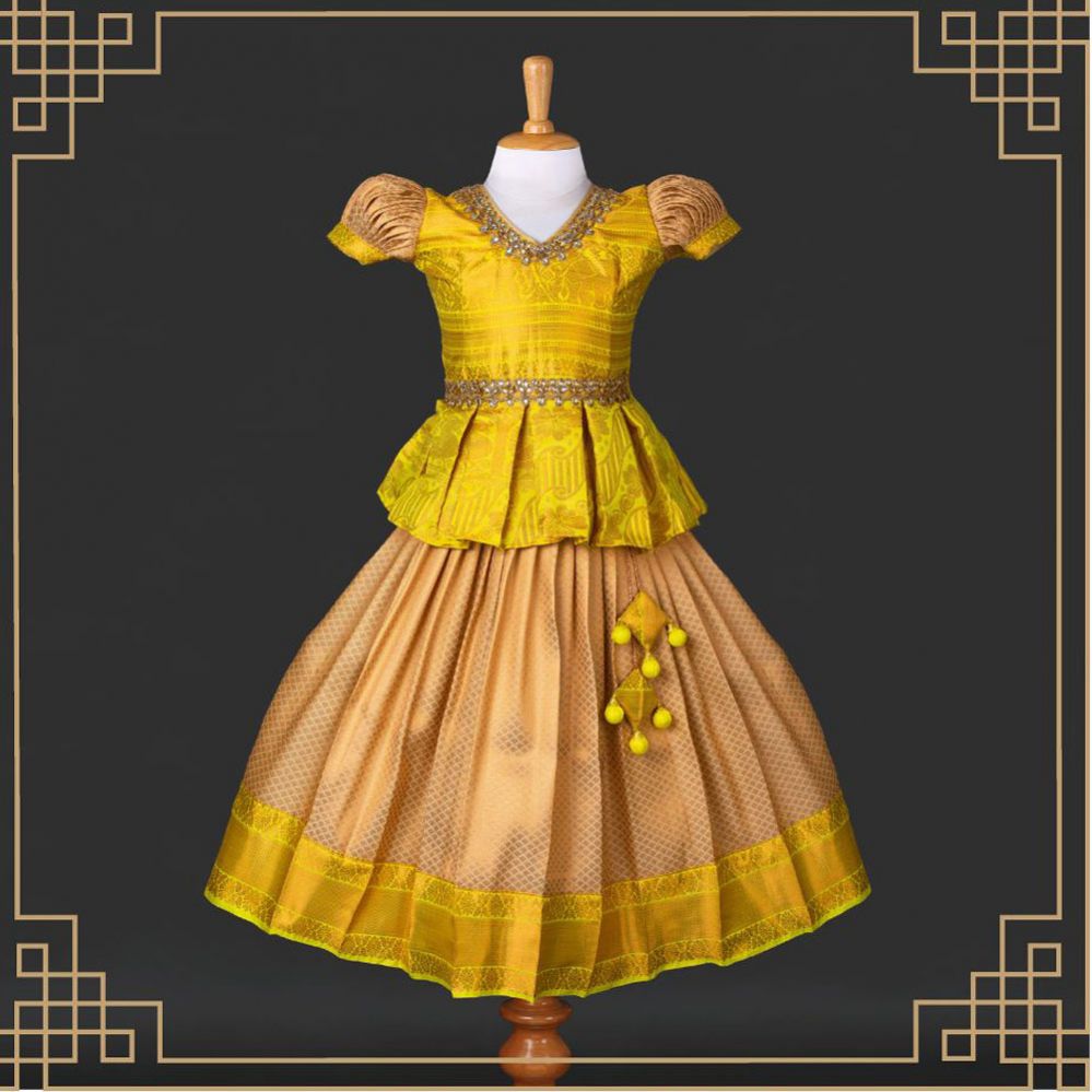 Varnatari's Beige And Zinnia Yellow Pattu Pavadai Set
