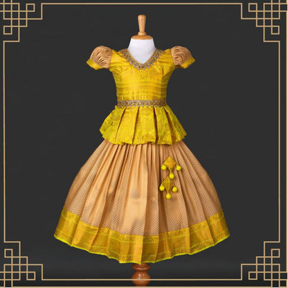 Varnatari's Beige And Zinnia Yellow Pattu Pavadai Set
