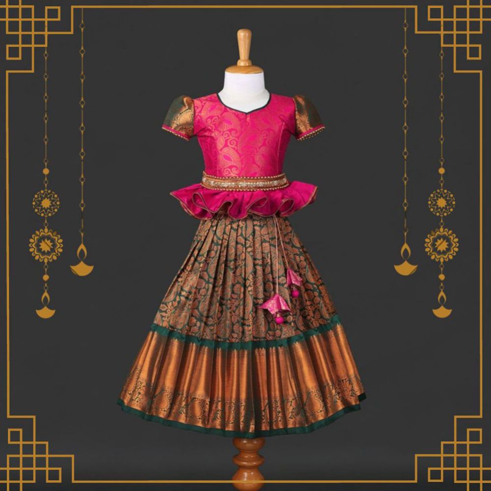 Varnatari's Bottle Green & Pink Pavadai Set