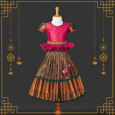 Varnatari's Bottle Green & Pink Pavadai Set