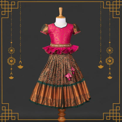 Varnatari's Bottle Green & Pink Pavadai Set