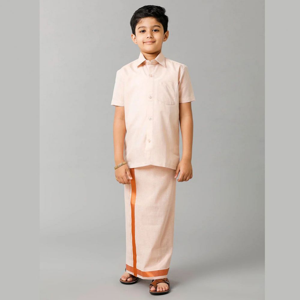 Ramraj's Sankalpam (Copper) - Boys Tissue Jari Half Sleeve Shirt Dhoti Set