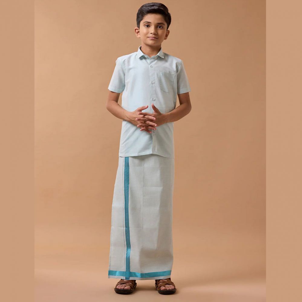 Ramraj's Sankalpam (Cyan) - Boys Tissue Jari Half Sleeve Shirt Dhoti Set