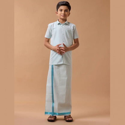 Ramraj's Sankalpam (Cyan) - Boys Tissue Jari Half Sleeve Shirt Dhoti Set