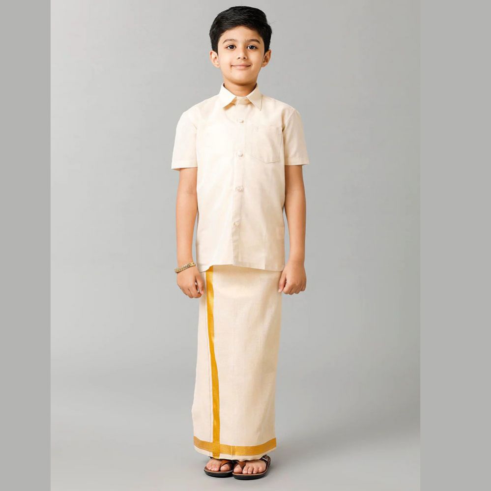 Ramraj's Sankalpam (Gold) - Boys Tissue Jari Half Sleeve Shirt Dhoti Set