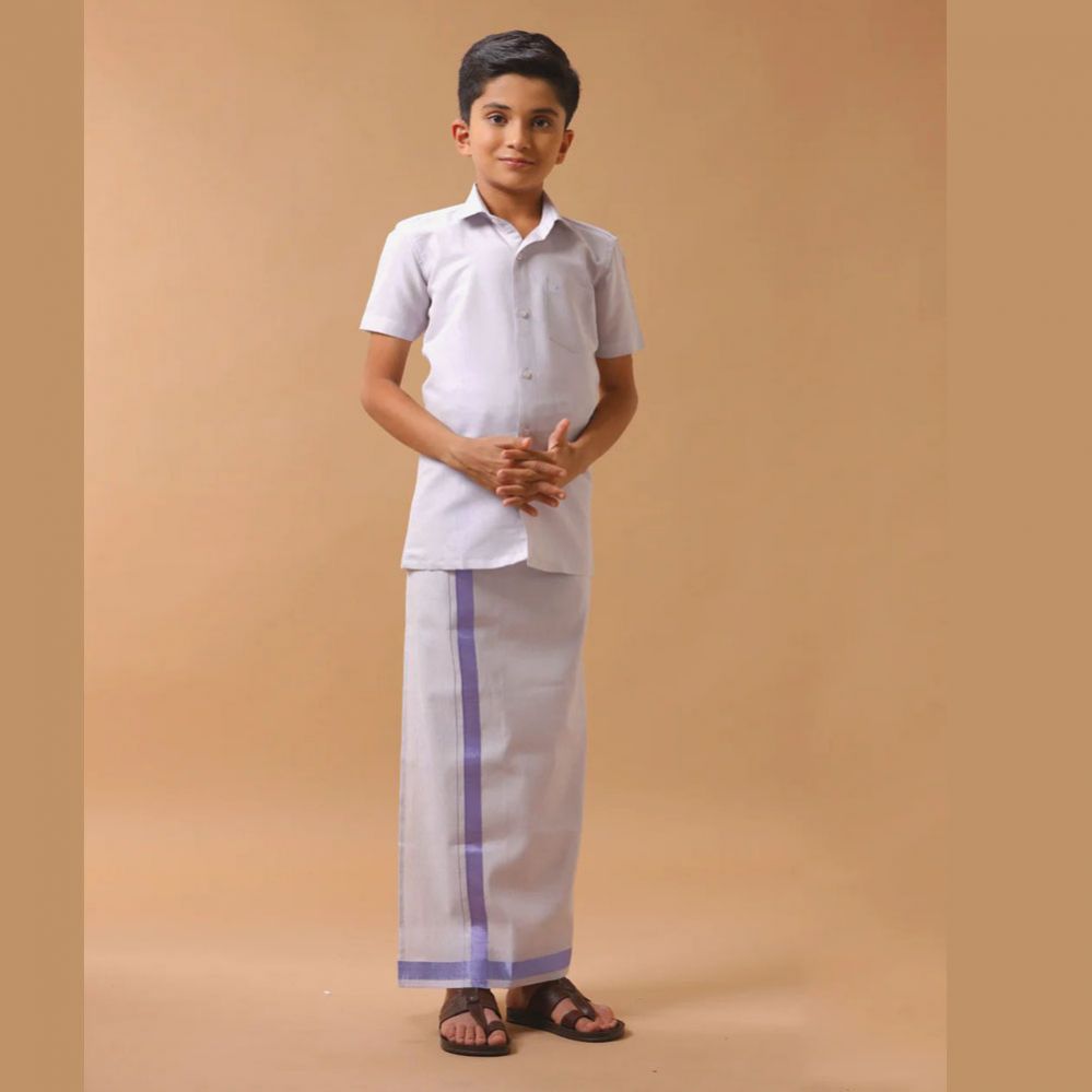 Ramraj's Sankalpam (Lavender) - Boys Tissue Jari Half Sleeve Shirt Dhoti Set