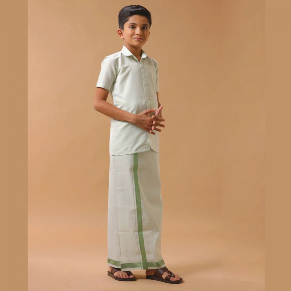Ramraj's Sankalpam (Moss Green) - Boys Tissue Jari Half Sleeve Shirt Dhoti Set