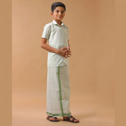 Ramraj's Sankalpam (Moss Green) - Boys Tissue Jari Half Sleeve Shirt Dhoti Set