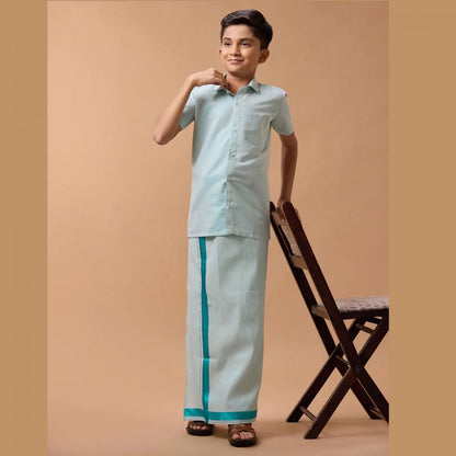 Ramraj's Sankalpam (Ramar Green) - Boys Tissue Jari Half Sleeve Shirt Dhoti Set