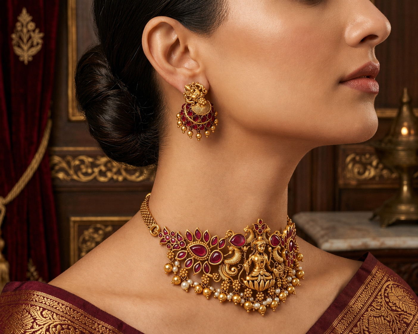 Choker Necklace with Earrings - Red