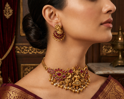 Choker Necklace with Earrings - Red