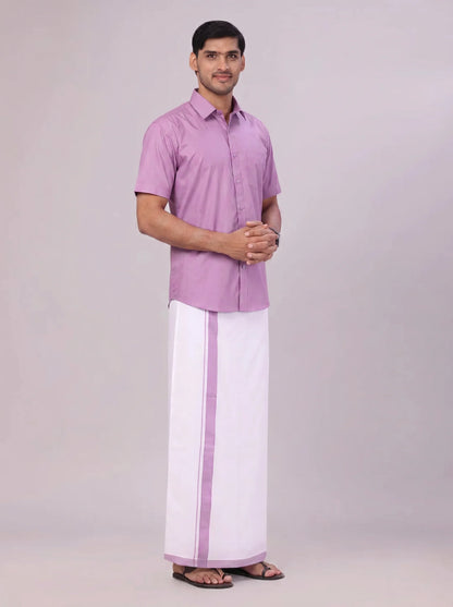Minister White's Mens Shirt with Matching Border Dhoti Combo Casper