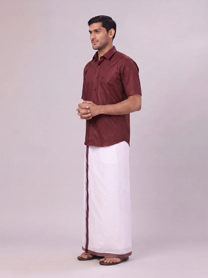 Minister White's Mens Shirt with Matching Border Dhoti Combo Casper