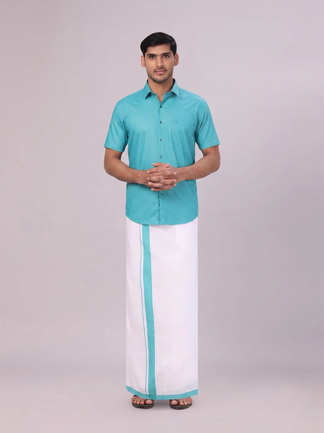 Minister White's Mens Shirt with Matching Border Dhoti Combo Casper