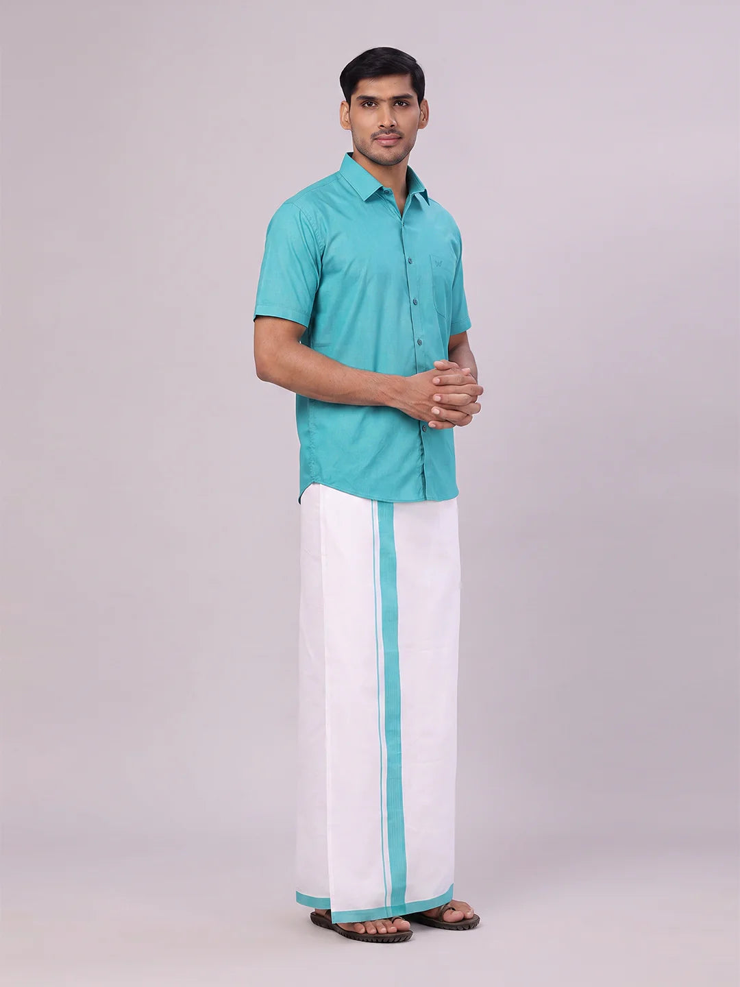 Minister White's Mens Shirt with Matching Border Dhoti Combo Casper