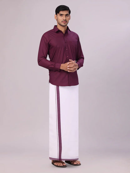 Minister White's Mens Shirt with Matching Border Dhoti Combo Casper