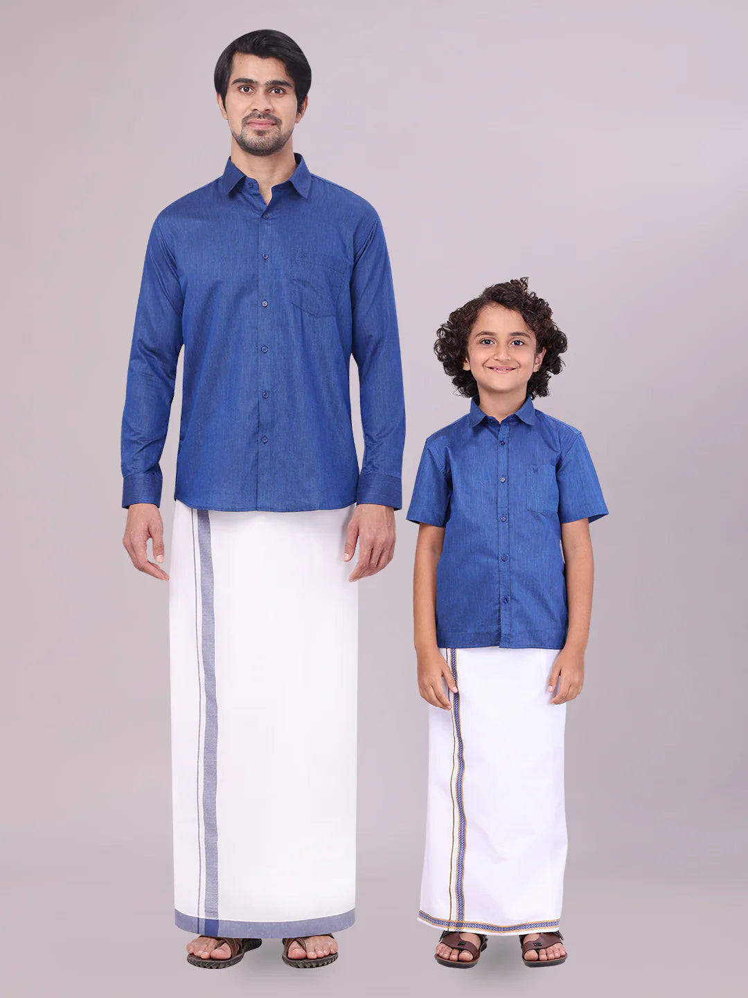 Minister White's Father & Son Cotton Shirt with Matching Border Dhoti Combo