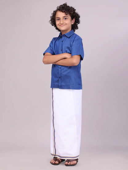 Minister White's Father & Son Cotton Shirt with Matching Border Dhoti Combo