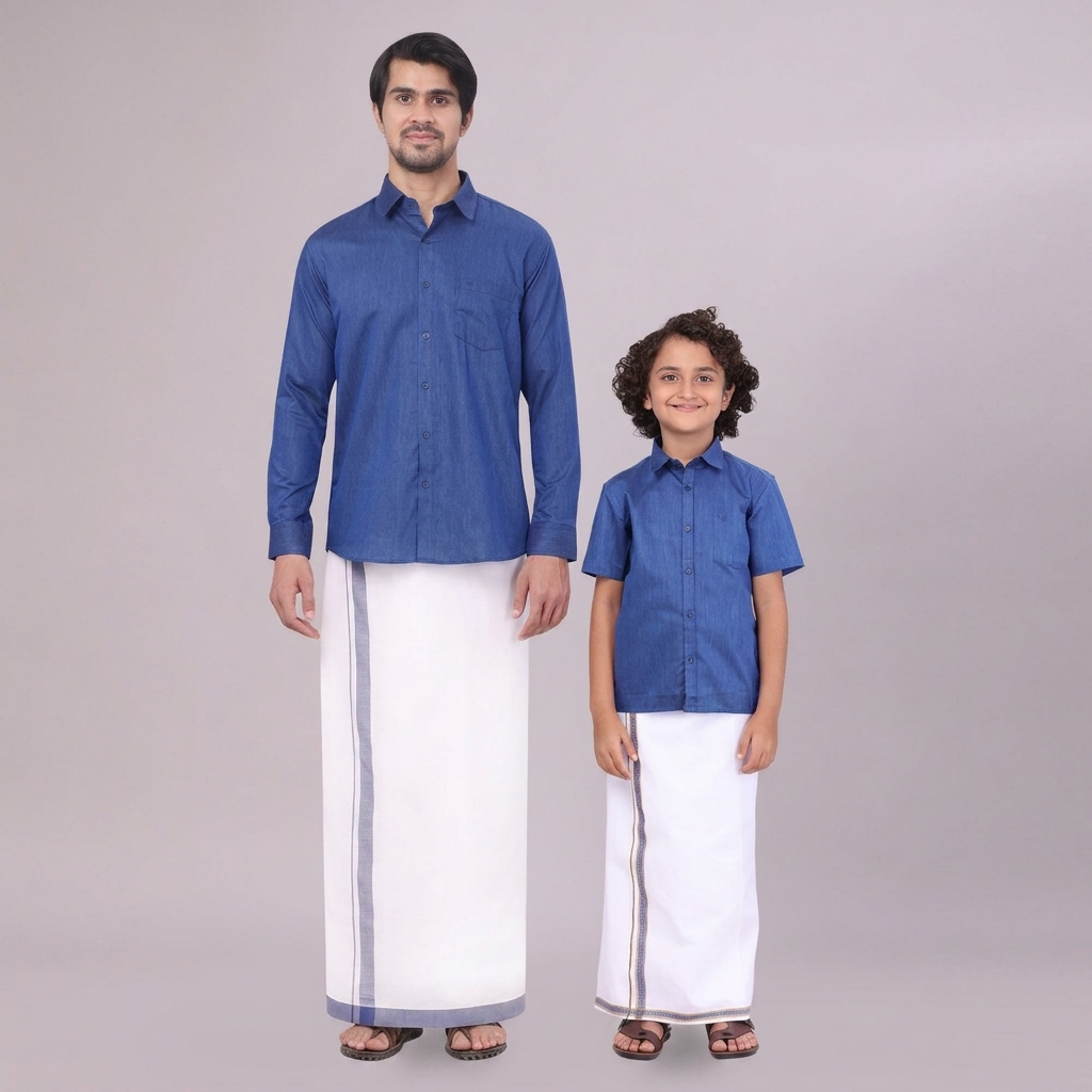 Minister White's Father & Son Cotton Shirt with Matching Border Dhoti Combo