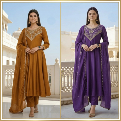 Desire Studio's Vichitra Silk Kurti Set with Embroidered Dupatta