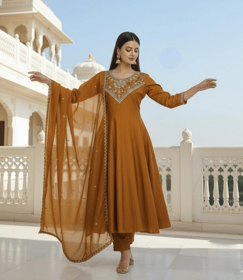 Desire Studio's Vichitra Silk Kurti Set with Embroidered Dupatta
