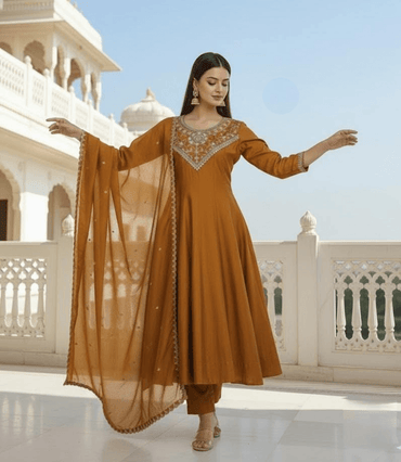 Desire Studio's Vichitra Silk Kurti Set with Embroidered Dupatta