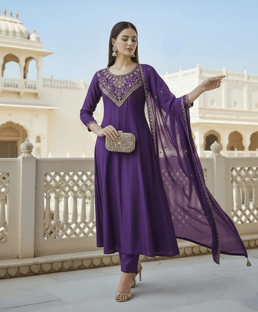 Desire Studio's Vichitra Silk Kurti Set with Embroidered Dupatta