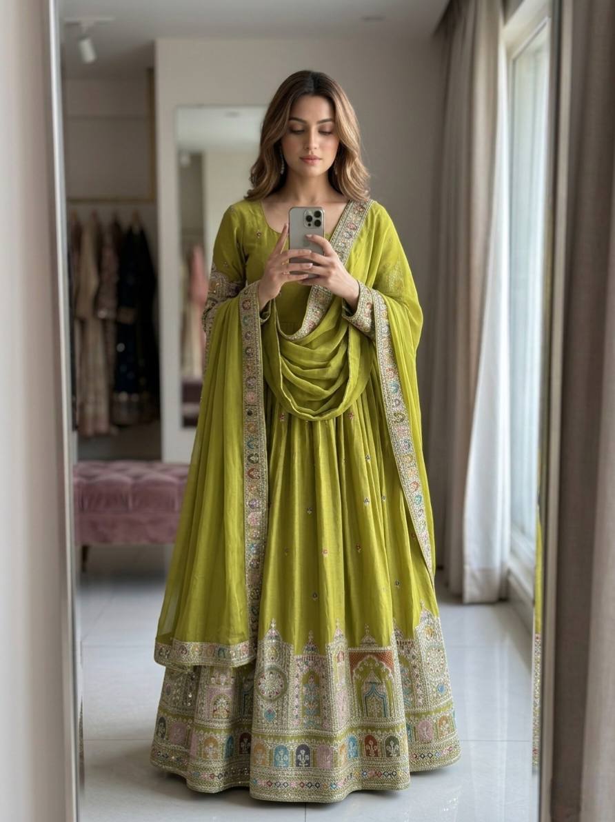 Women Wastra's Chinon Silk Embroidery Gown Set