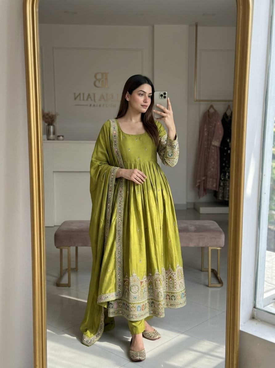 Women Wastra's Chinon Silk Embroidery Gown Set