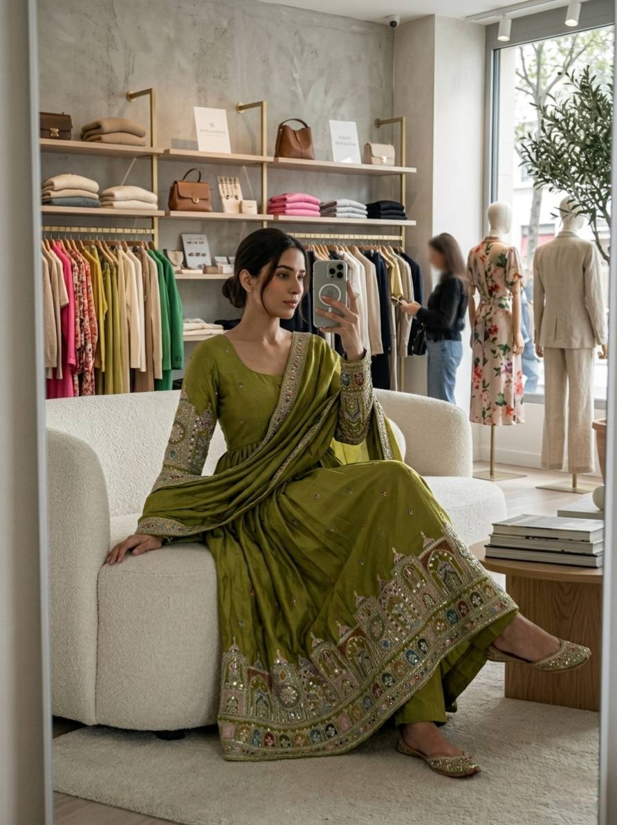 Women Wastra's Chinon Silk Embroidery Gown Set